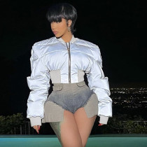 Women's casual laser reflective patchwork short and thick cotton jacket