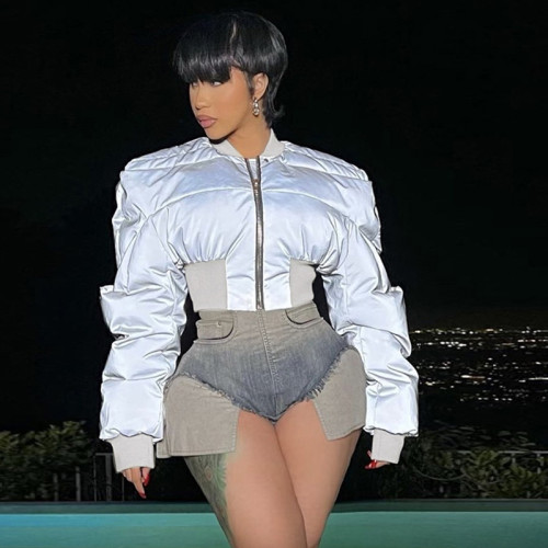 Women's casual laser reflective patchwork short and thick cotton jacket