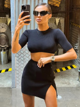 Split Button Short Top Knitted Two Piece Skirt Set Split Button Short Top Knitted Two Piece Skirt Set