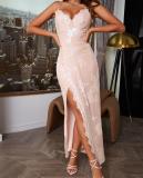 Sequin embroidered cross slit open back suspender slim fitting long skirt