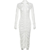 Women's long sleeved lapel single breasted sexy perspective slim fitting cardigan dress