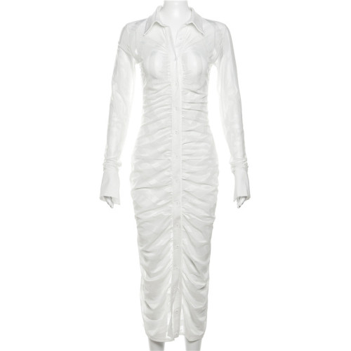 Women's long sleeved lapel single breasted sexy perspective slim fitting cardigan dress