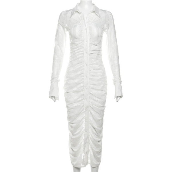 Women's long sleeved lapel single breasted sexy perspective slim fitting cardigan dress