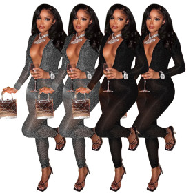 Deep V-neck nightclub style glossy silk slim cut out sexy jumpsuit