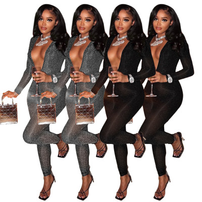 Deep V-neck nightclub style glossy silk slim cut out sexy jumpsuit
