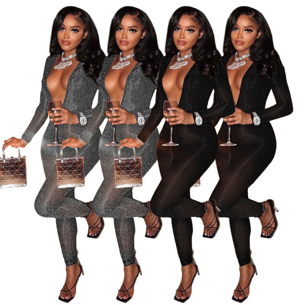 Deep V-neck nightclub style glossy silk slim cut out sexy jumpsuit