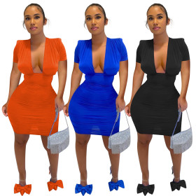 Multi color solid color large V-neck sexy dress