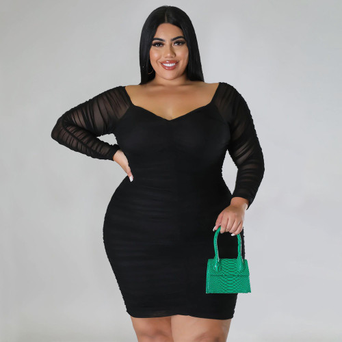 Oversized Chest Wrap Panel Mesh Sleeve Dress