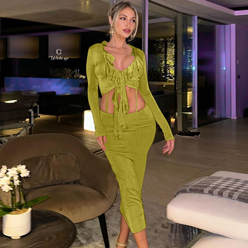 Lace up ruffle edge half length skirt slim fitting sexy set