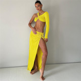 One Shoulder Short Open Navel T-shirt Slim Fit Split Half Skirt Set