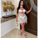 Women's Sexy Mesh Hot Diamond Sleeveless Perspective Dress Three Piece Set