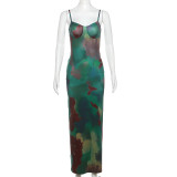Sexy Strap Open Back Slim Fit Retro Print Dress