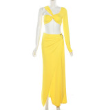 One Shoulder Short Open Navel T-shirt Slim Fit Split Half Skirt Set