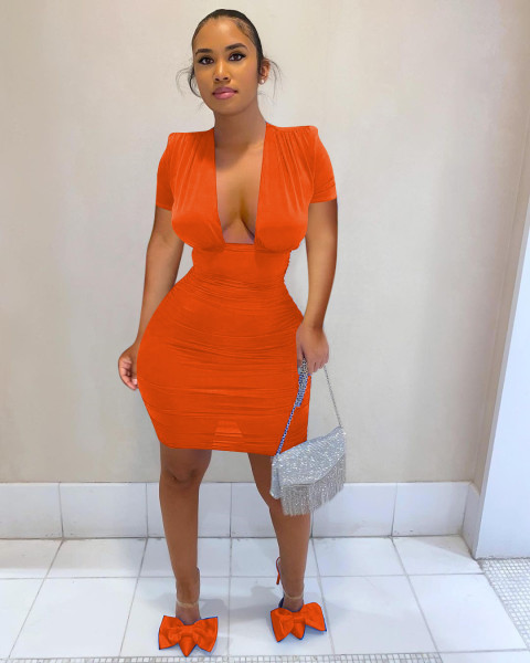 Multi color solid color large V-neck sexy dress