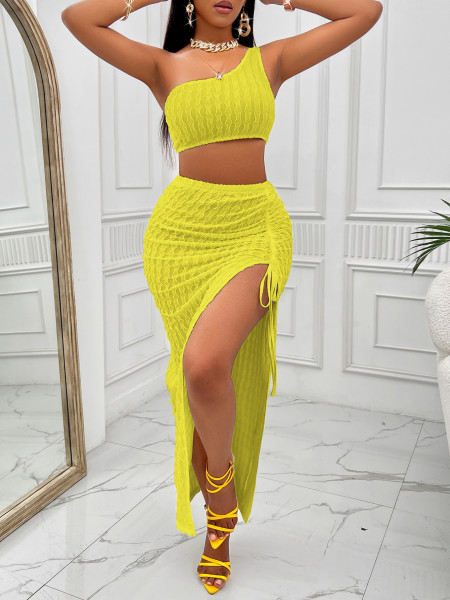 Solid color diagonal collar upper skirt split suit