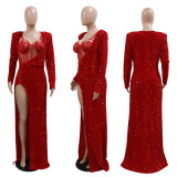 Solid sequin sexy split long skirt two-piece set