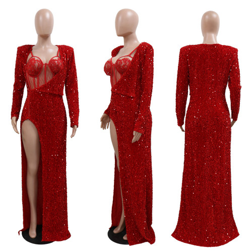 Solid sequin sexy split long skirt two-piece set