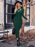 Hanging Neck Long Sleeve Split Solid Color Dress