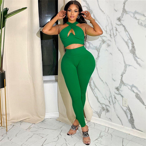 Slim Fit Sleeveless Open Navel Tank Top Tight High Waist Casual Pants Set