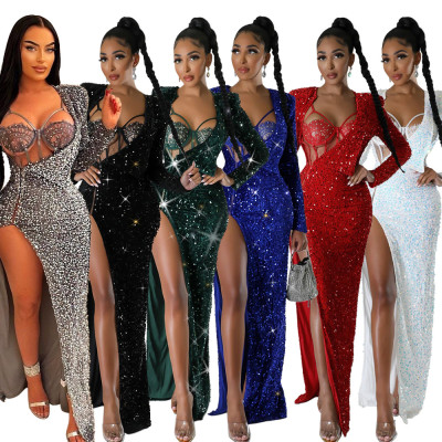 Solid sequin sexy split long skirt two-piece set