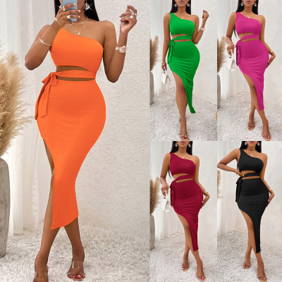 Solid color diagonal collar tied waist knit buttocks dress