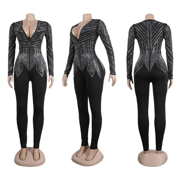 Sexy Slim Fit Wrap Hip Hot Diamond V-Neck Elastic Tight Jumpsuit