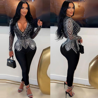 Sexy Slim Fit Wrap Hip Hot Diamond V-Neck Elastic Tight Jumpsuit