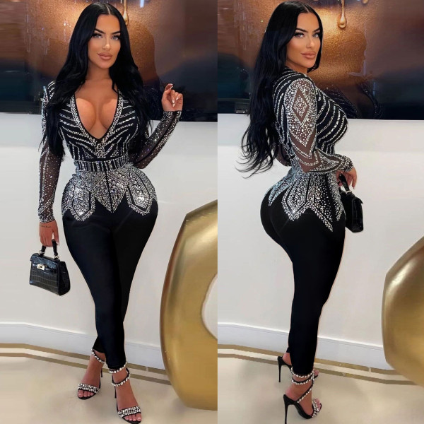 Sexy Slim Fit Wrap Hip Hot Diamond V-Neck Elastic Tight Jumpsuit