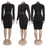 Sexy Slim Fit Hot Diamond Elastic Tight Wrap Hip Long Sleeve Dress