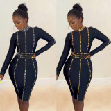 Sexy Slim Fit Hot Diamond Elastic Tight Wrap Hip Long Sleeve Dress