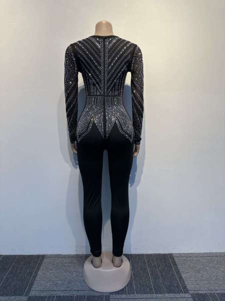 Sexy Slim Fit Wrap Hip Hot Diamond V-Neck Elastic Tight Jumpsuit