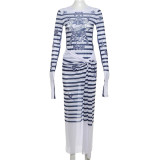 Printed Long Sleeve Top High Waist Split Long Dress Set