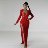 Solid sequin sexy split long skirt two-piece set