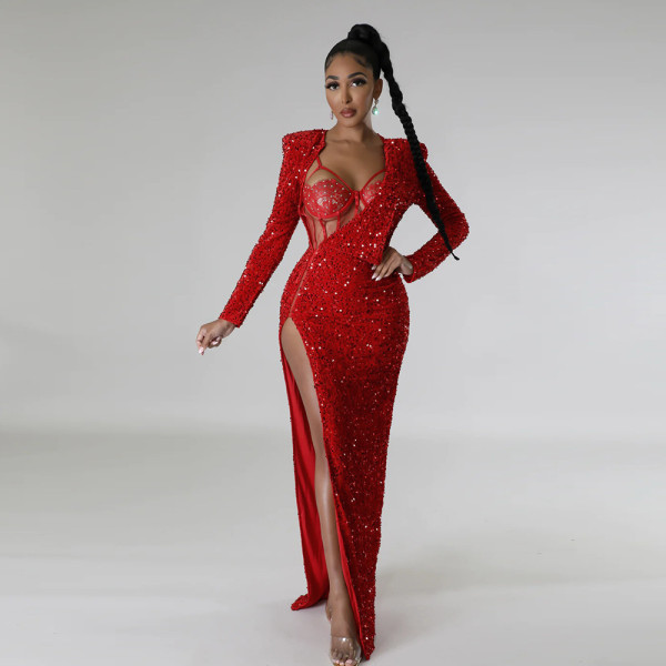 Solid sequin sexy split long skirt two-piece set