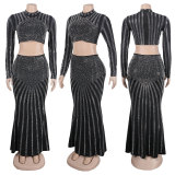 Hot Diamond Wrap Hip Tight Elastic Long Sleeve Fishtail Skirt Set