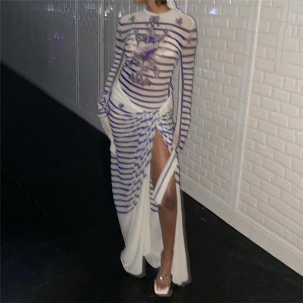 Printed Long Sleeve Top High Waist Split Long Dress Set