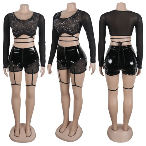Sexy Splicing Hot Diamond Strap Long Sleeve Sexy Set