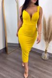 Solid color wrap buttocks open back deep V bow elastic split dress