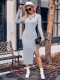 Hanging Neck Long Sleeve Split Solid Color Dress