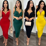 Solid color wrap buttocks open back deep V bow elastic split dress