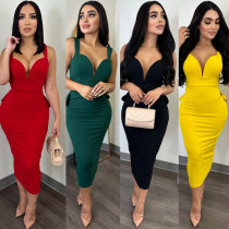 Solid color wrap buttocks open back deep V bow elastic split dress Solid color wrap buttocks open back deep V bow elastic split dress