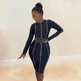 Sexy Slim Fit Hot Diamond Elastic Tight Wrap Hip Long Sleeve Dress