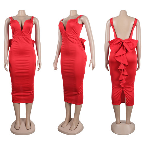 Solid color wrap buttocks open back deep V bow elastic split dress