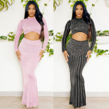 Hot Diamond Wrap Hip Tight Elastic Long Sleeve Fishtail Skirt Set
