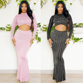 Hot Diamond Wrap Hip Tight Elastic Long Sleeve Fishtail Skirt Set