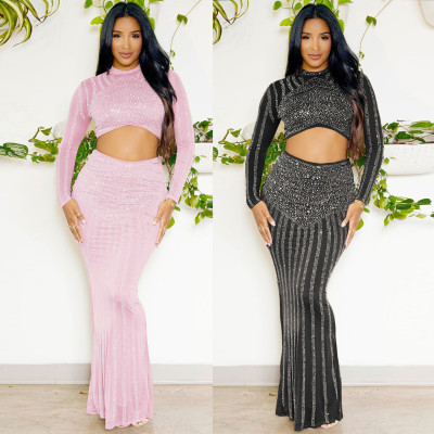 Hot Diamond Wrap Hip Tight Elastic Long Sleeve Fishtail Skirt Set