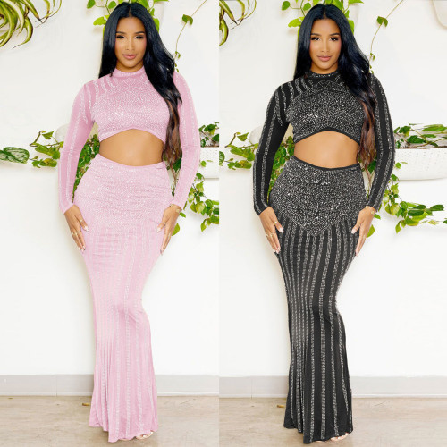 Hot Diamond Wrap Hip Tight Elastic Long Sleeve Fishtail Skirt Set
