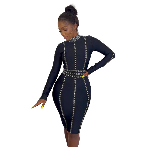 Sexy Slim Fit Hot Diamond Elastic Tight Wrap Hip Long Sleeve Dress
