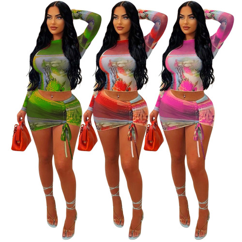 Mesh positioning printed open navel pleated sexy half skirt set
