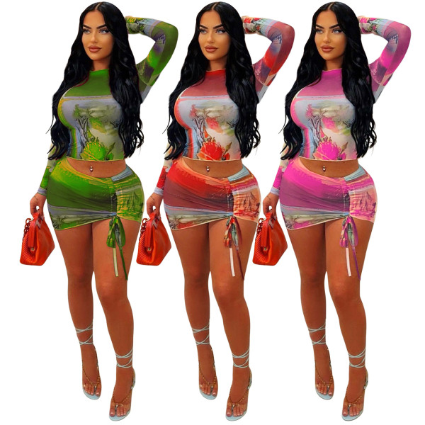 Mesh positioning printed open navel pleated sexy half skirt set